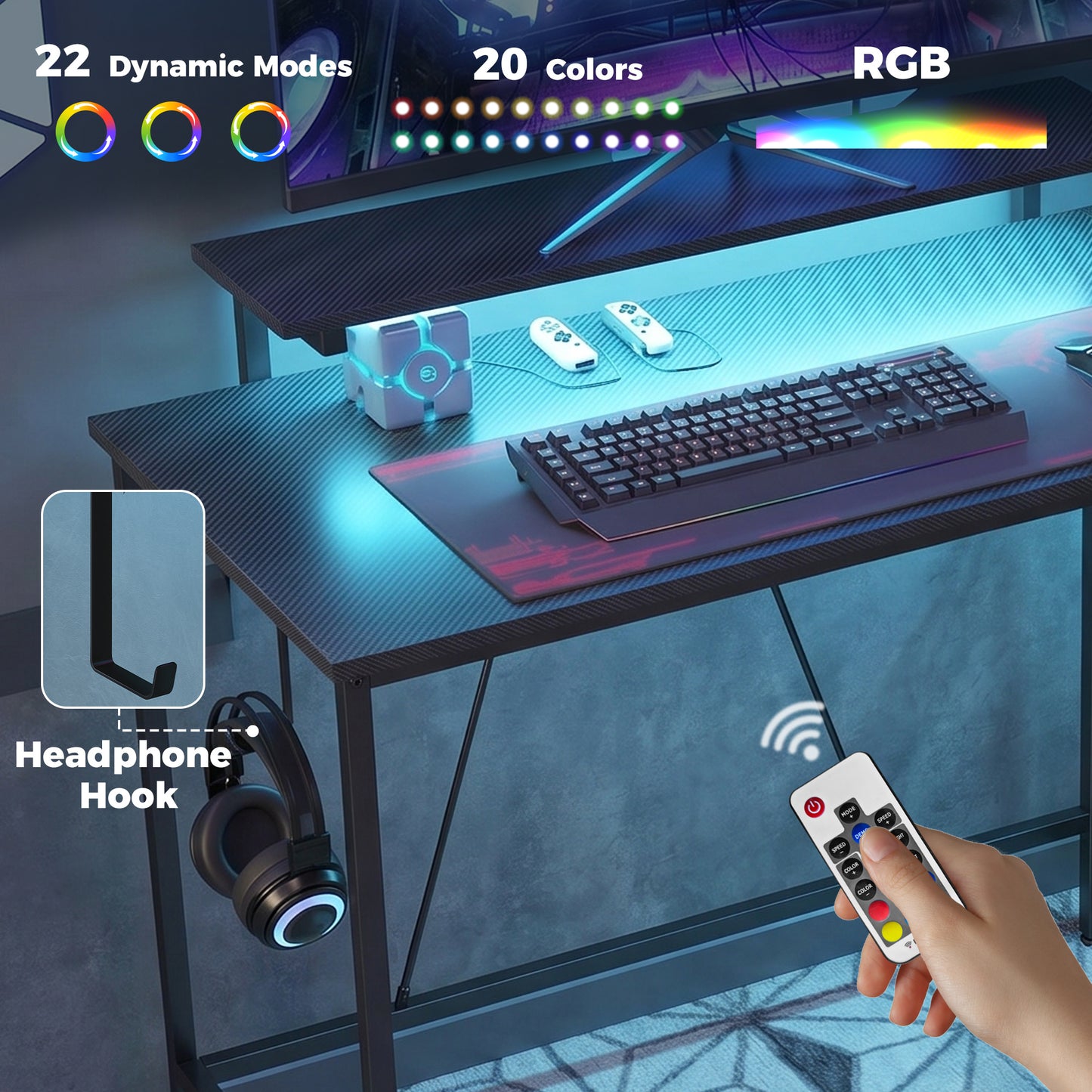 L Shaped Desk with LED Lights and Storage, Black