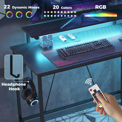 L Shaped Desk with LED Lights and Storage, Black