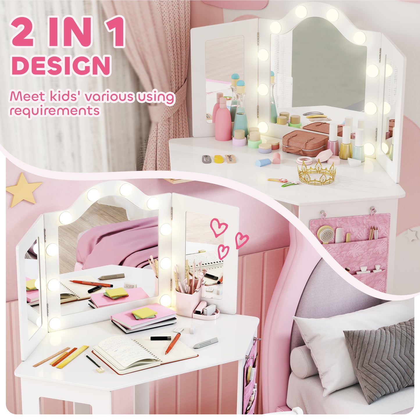 Kids Vanity Table and Stool with Lights, Tri-Folding Mirror, White