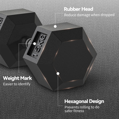 2x15KG Rubber Hex Dumbbell Portable Hand Weights Dumbbell for Home Gym Workout Fitness