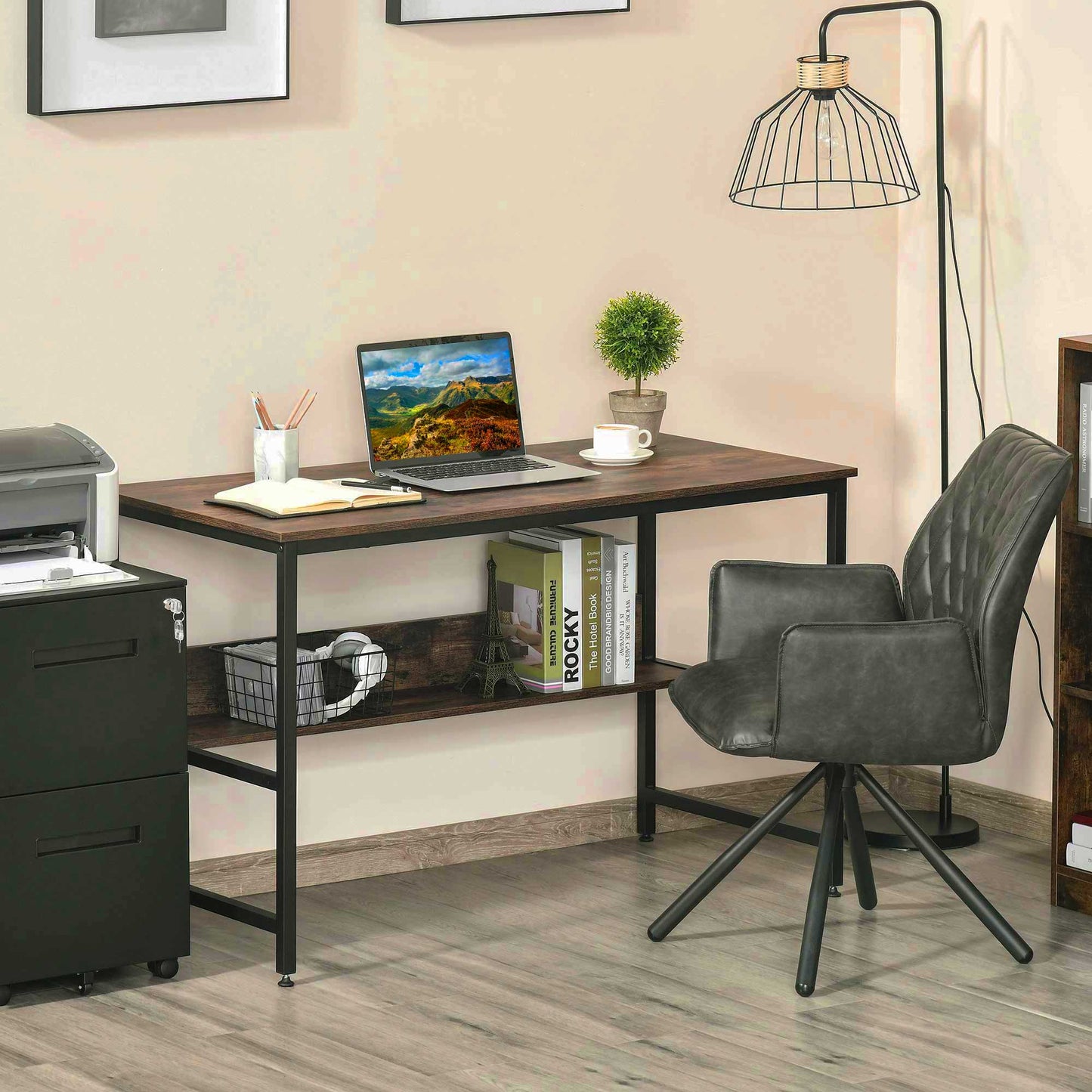 2-Tier Writing Desk Metal Frame Smooth Shelves Storage Shelf Rustic Brown