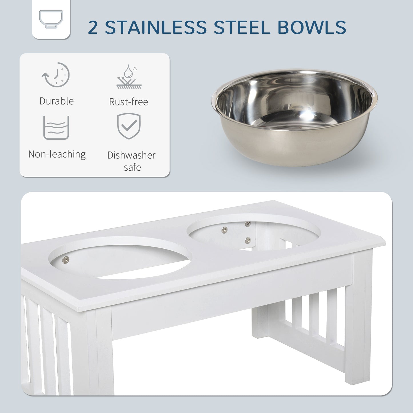 Stainless Steel Raised Dog Feeding Bowls with Stand Elevated Twin Pet Bowls Water Food Feeder 43.7L x 24W x 15H cm - White