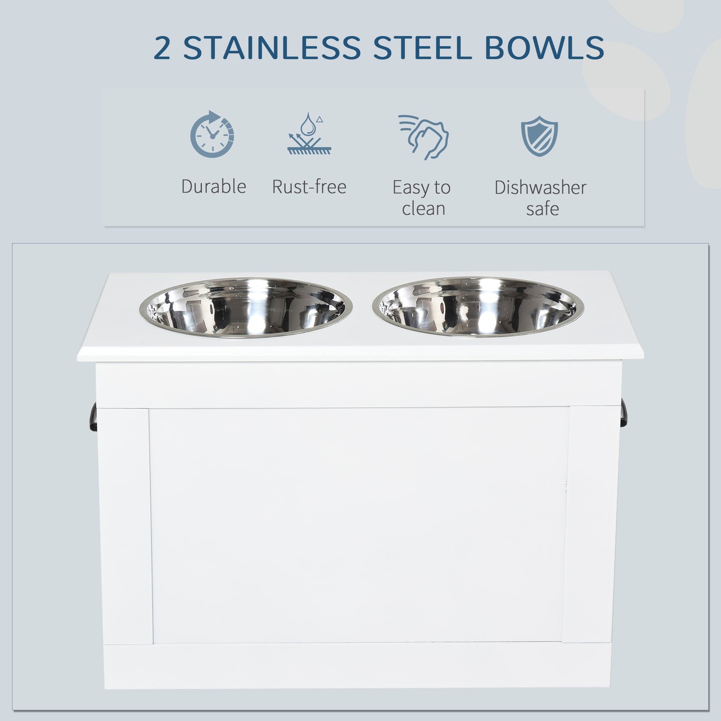 Raised Dog Bowls Pet Feeding Storage Station with 2 Stainless Steel Bowls Base for Large Dogs and Other Large Pets, White