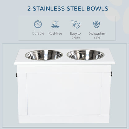 Raised Dog Bowls Pet Feeding Storage Station with 2 Stainless Steel Bowls Base for Large Dogs and Other Large Pets, White