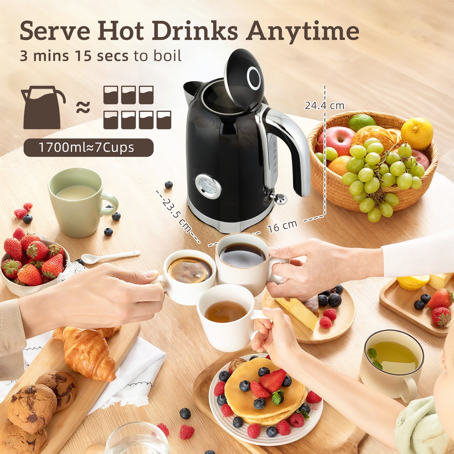 3000W 1.7L Kettle with Retro Thermometer, 4 Slice Toaster Set, Black