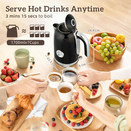 3000W 1.7L Kettle with Retro Thermometer, 4 Slice Toaster Set, Black