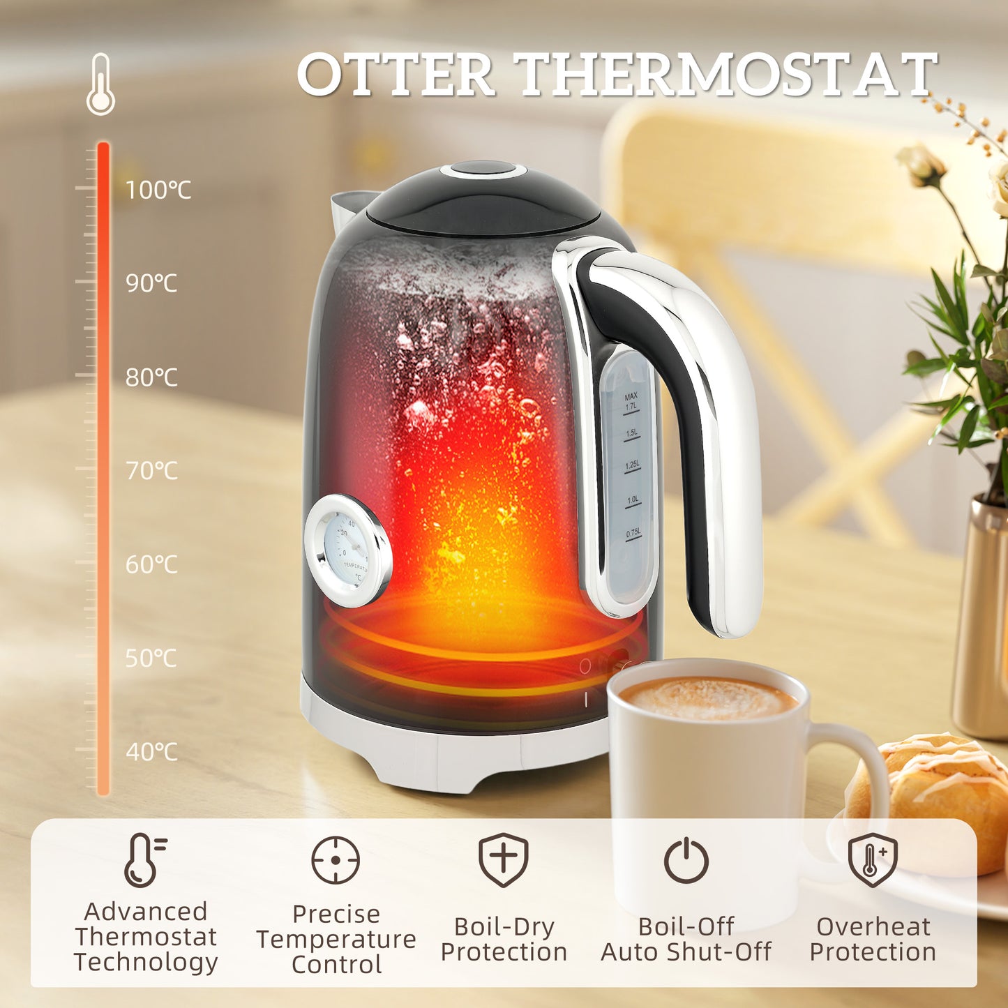 3000W 1.7L Kettle with Retro Thermometer, 4 Slice Toaster Set, Black