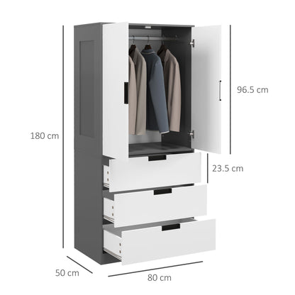 2 Door Wardrobe Grey Wardrobe with 3 Drawer and Hanging Rod for Bedroom