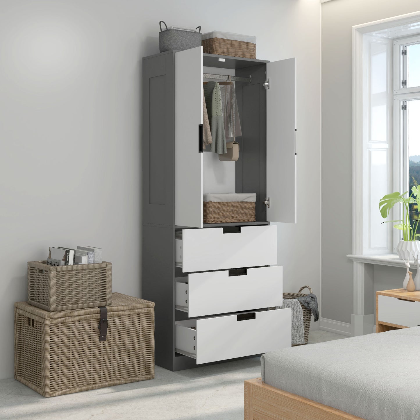 2 Door Wardrobe Grey Wardrobe with 3 Drawer and Hanging Rod for Bedroom