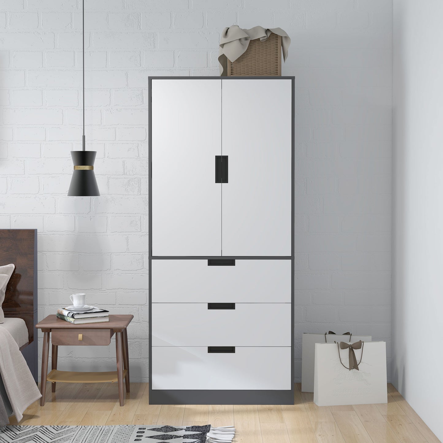 2 Door Wardrobe Grey Wardrobe with 3 Drawer and Hanging Rod for Bedroom
