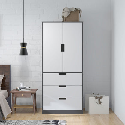 2 Door Wardrobe Grey Wardrobe with 3 Drawer and Hanging Rod for Bedroom