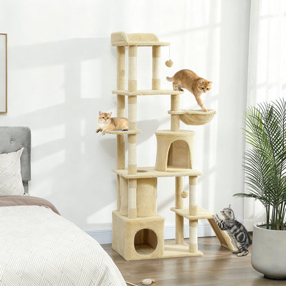 Cat Tree, 170 cm Large Cat Tower with 7 Scratching Posts, 1 Tunnel, 2 Condos, 1 Hammock, 1 Perch, 1 Ramp, 4 Platforms, 2 Pompoms, Multi-Level Kitty House for Indoor Kittens, Beige