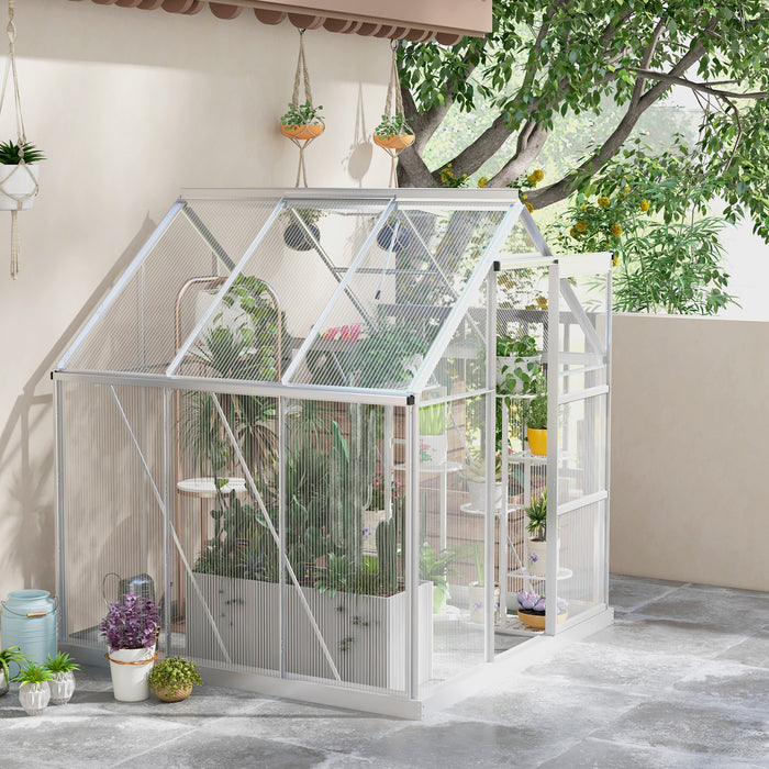 6 x 6ft Walk-In Greenhouse, Polycarbonate Greenhouse with Sliding Door, Window, Aluminium Frame, Foundation, Silver