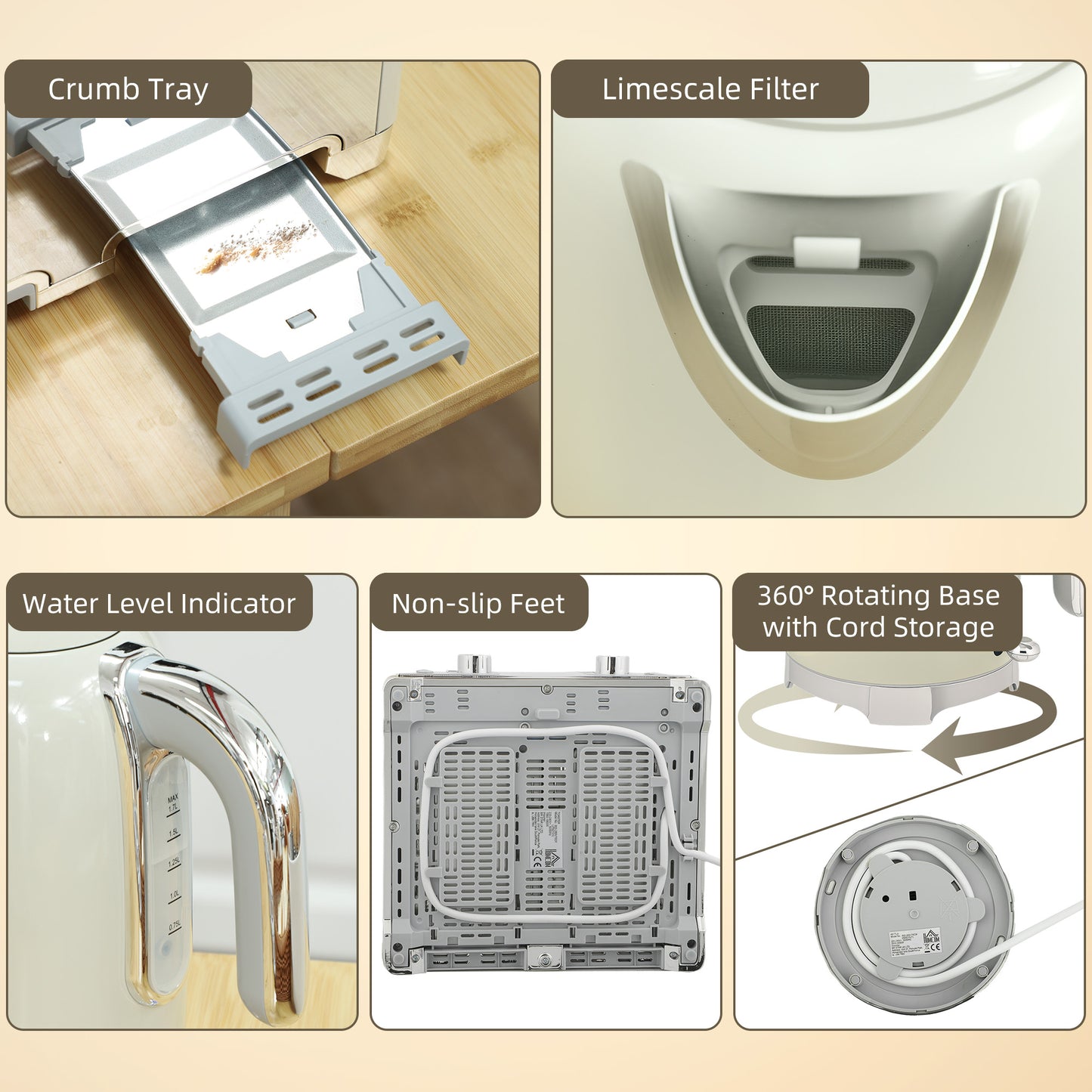 3000W 1.7L Kettle with Retro Thermometer, 4 Slice Toaster Set, Grey