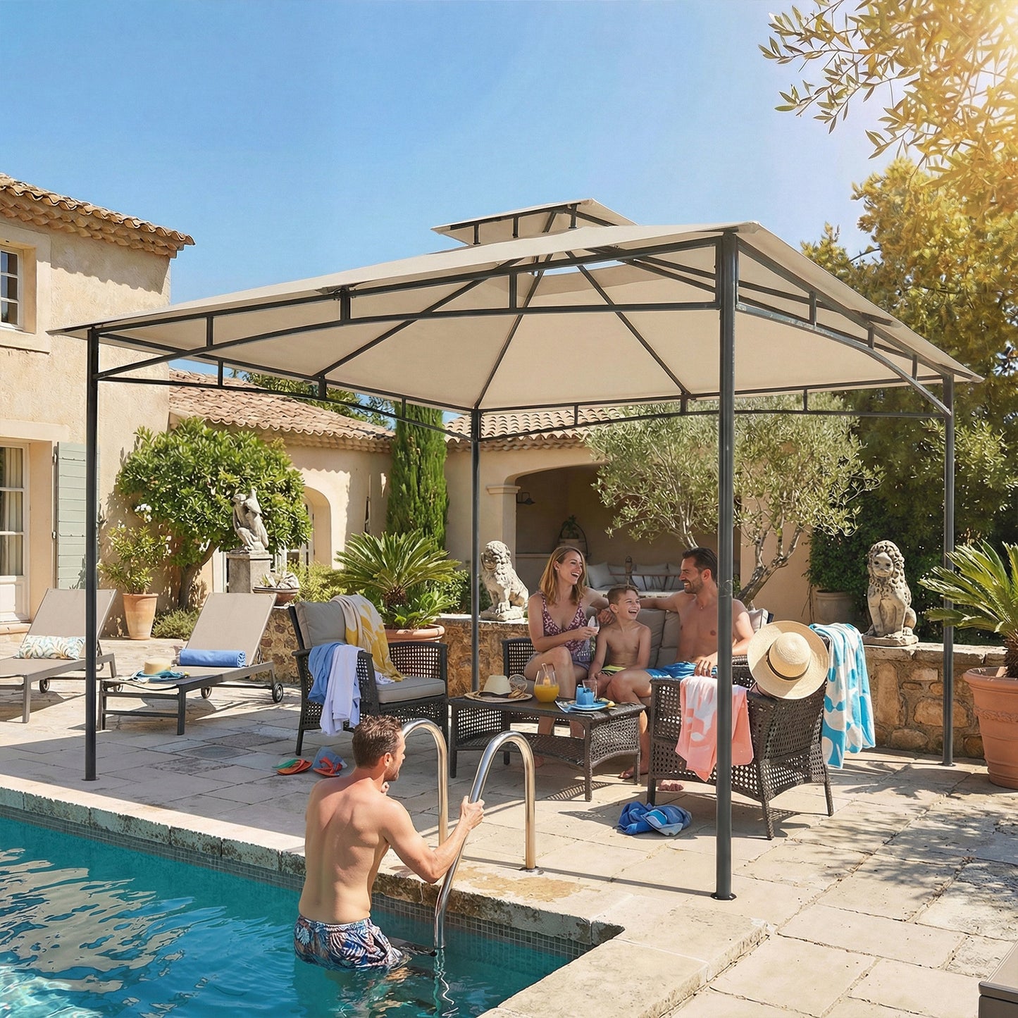 Outsunny 3 x 3 m Gazebo, Outdoor Gazebo Canopy with 2-Tier Roof, Khaki