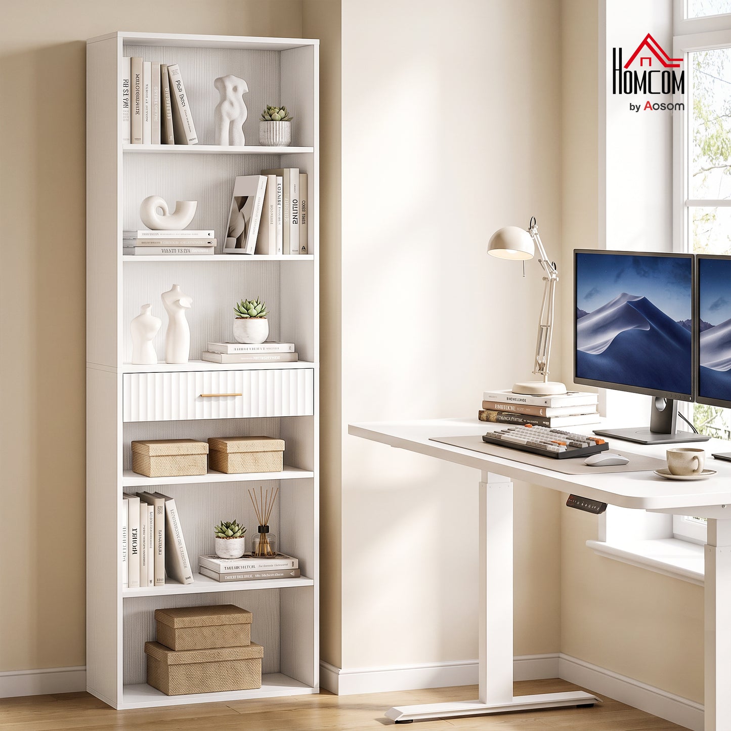 Tall Bookcase with Cubes, 7-Tier Bookshelf with Drawer, White