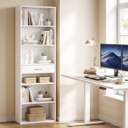 Tall Bookcase with Cubes, 7-Tier Bookshelf with Drawer, White