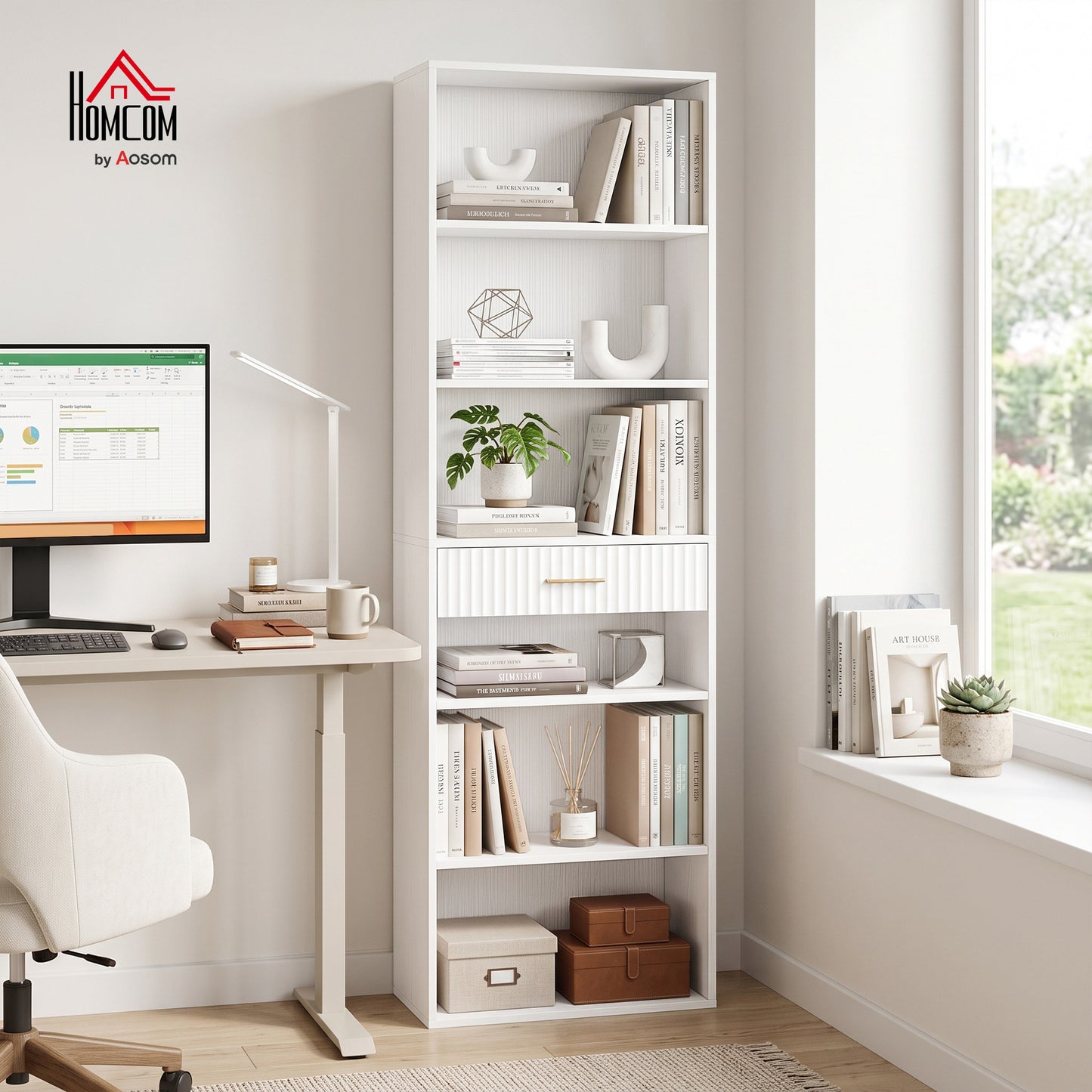 Tall Bookcase with Cubes, 7-Tier Bookshelf with Drawer, White