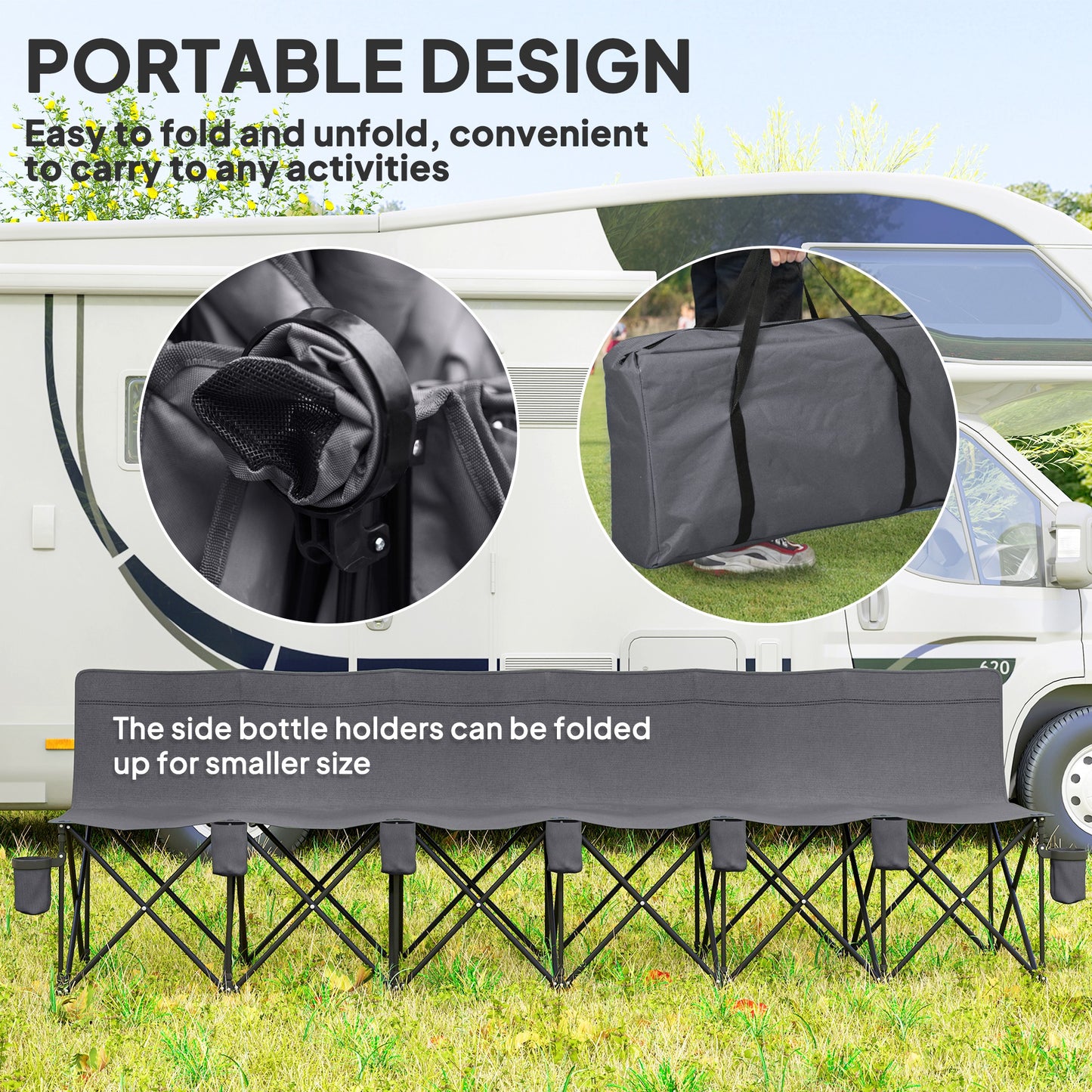 6 Seater Folding Bench Camping Chair with Cup Holder, Charcoal Grey