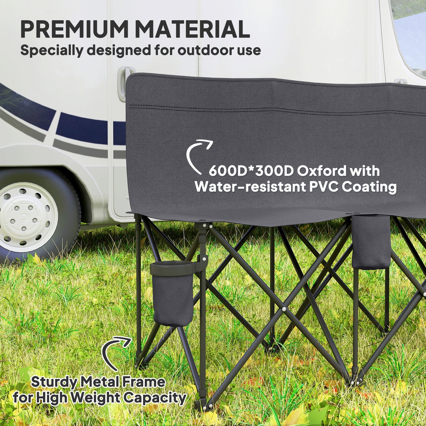 6 Seater Folding Bench Camping Chair with Cup Holder, Charcoal Grey