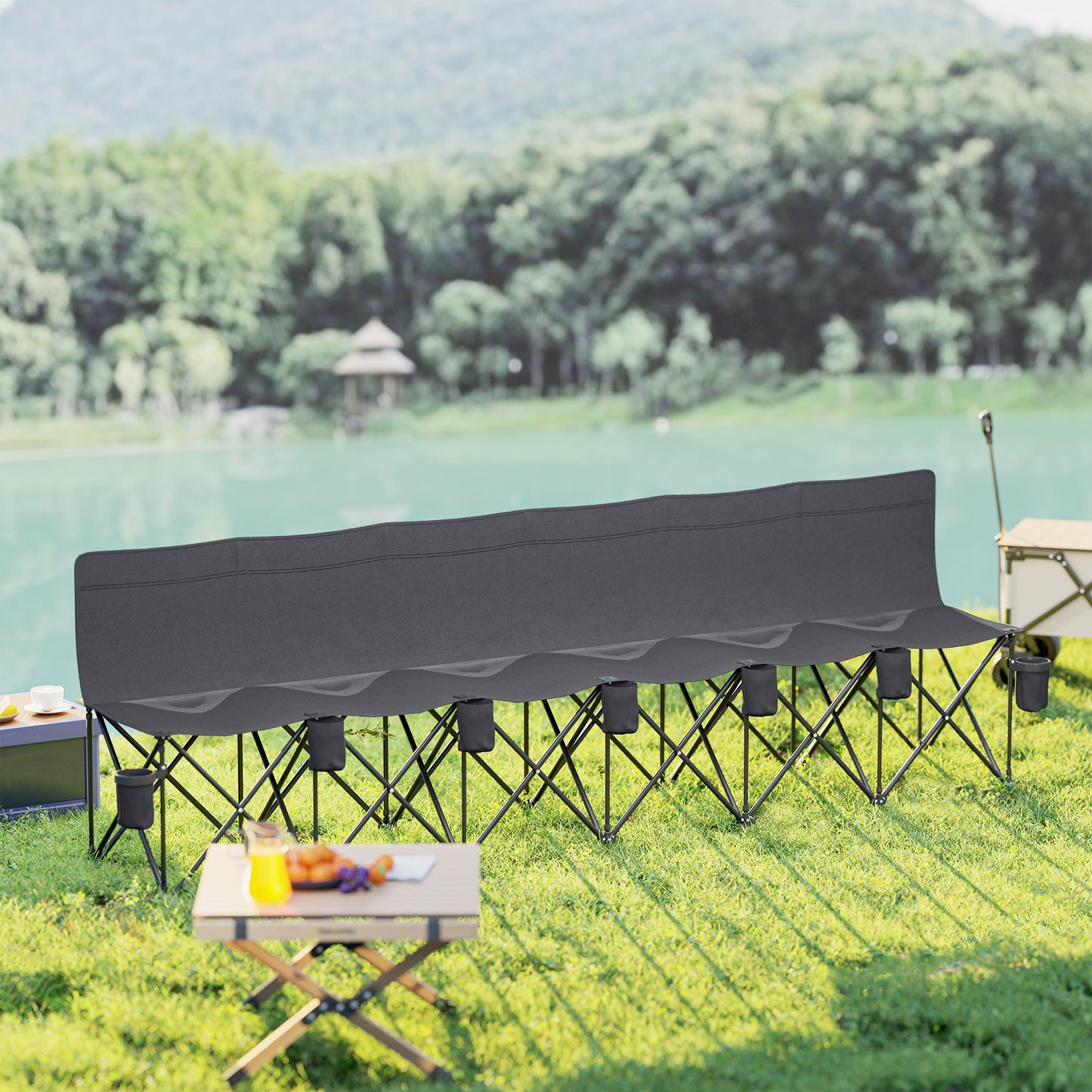 6 Seater Folding Bench Camping Chair with Cup Holder, Charcoal Grey