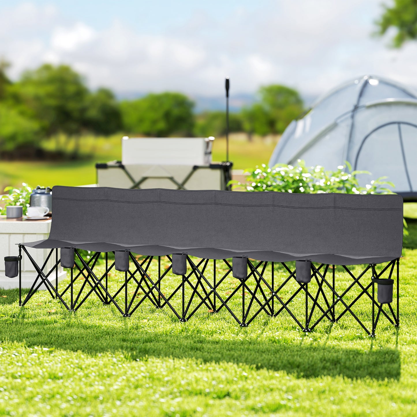 6 Seater Folding Bench Camping Chair with Cup Holder, Charcoal Grey