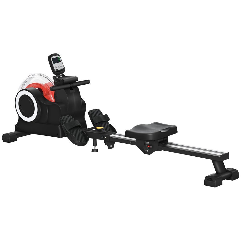 Foldable Water Rowing Machine with Wheels and LCD Monitor, Black