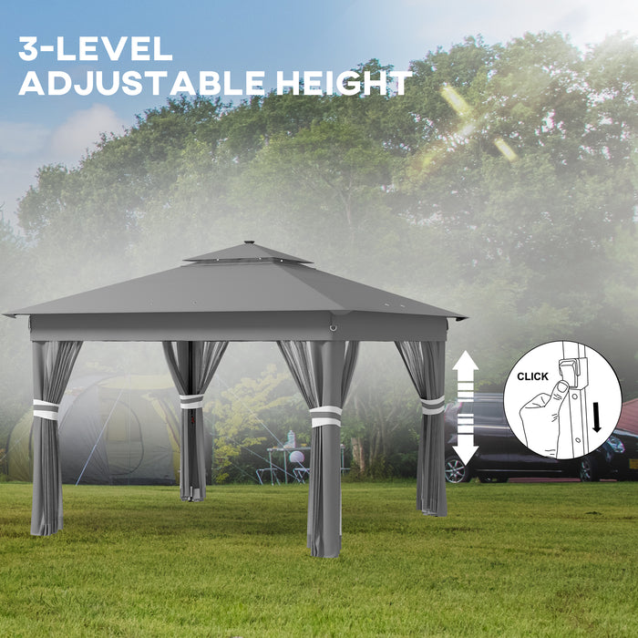 3 x 3(m) Pop Up Gazebo Party Tent with Solar-Powered LED Lights, Adjustable Event Shelter with Curtain, Netting, Grey