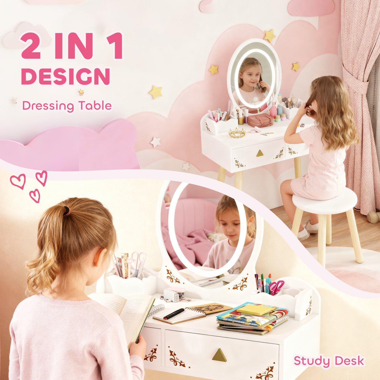 Kids Vanity Table and Chair Set with 3-Colour LED Lights Mirror