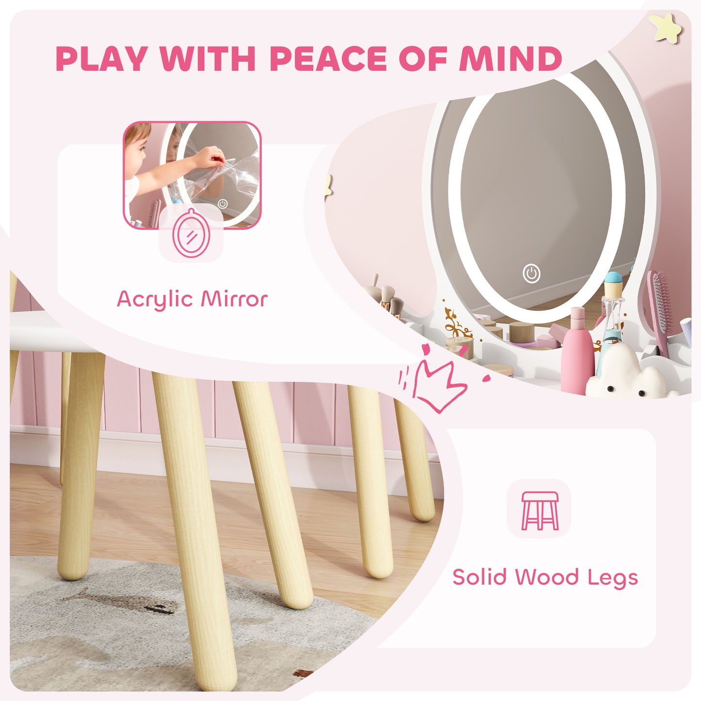 Kids Vanity Table and Chair Set with 3-Colour LED Lights Mirror