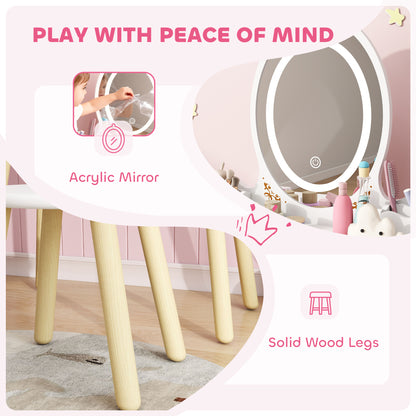Kids Vanity Table and Chair Set with 3-Colour LED Lights Mirror