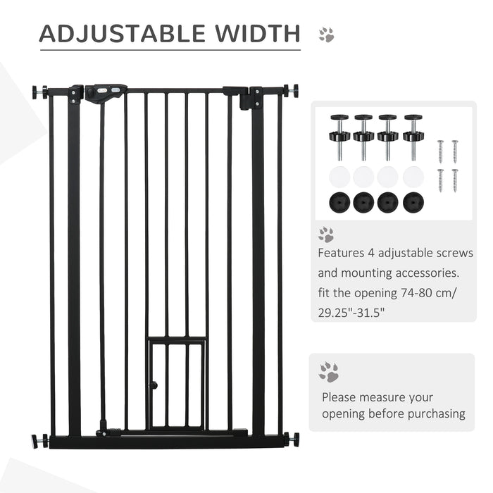 Extra Tall Dog Gate with Cat Door, Pet Safety Gate for Doorways Stairs with Auto Close Double Locking, 104 cm Tall 74-80 cm Wide, Black