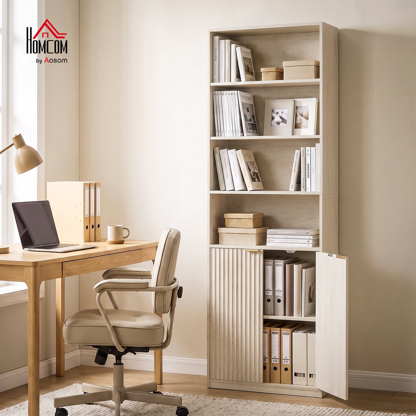 6-Tier Tall Bookcase with Adjustable Shelf Cabinet, Oak