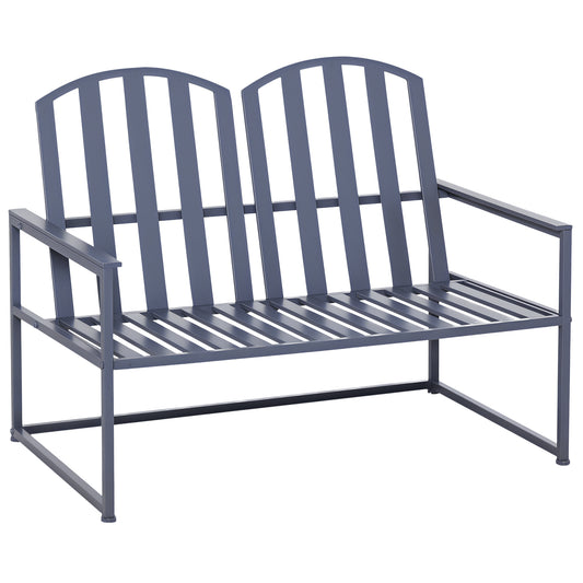 2 Seat Steel Patio Garden Bench Chair Slat Design Backyard Porch, Grey