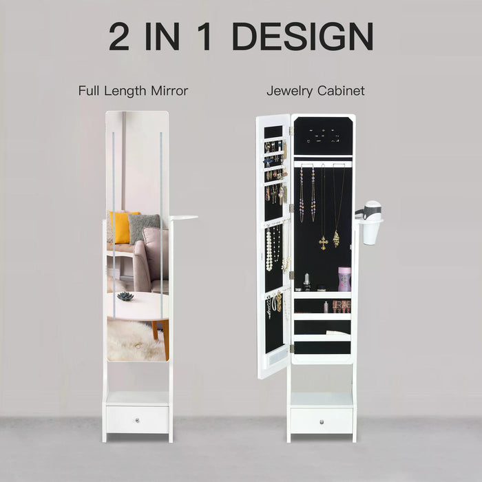 Freestanding Jewellery Cabinet Storage Mirror Armoire w/ LED Lights Hooks Drawer Hairdryer Holder Vanity Adjustable Bedroom Furnishing White