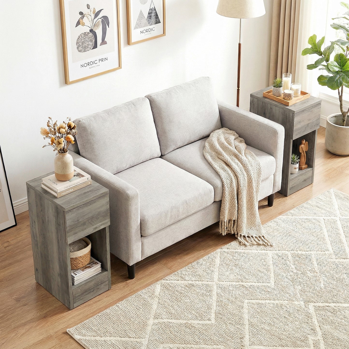 Bedside Tables Set of 2, Nightstands for Bedroom, Living Room, Grey