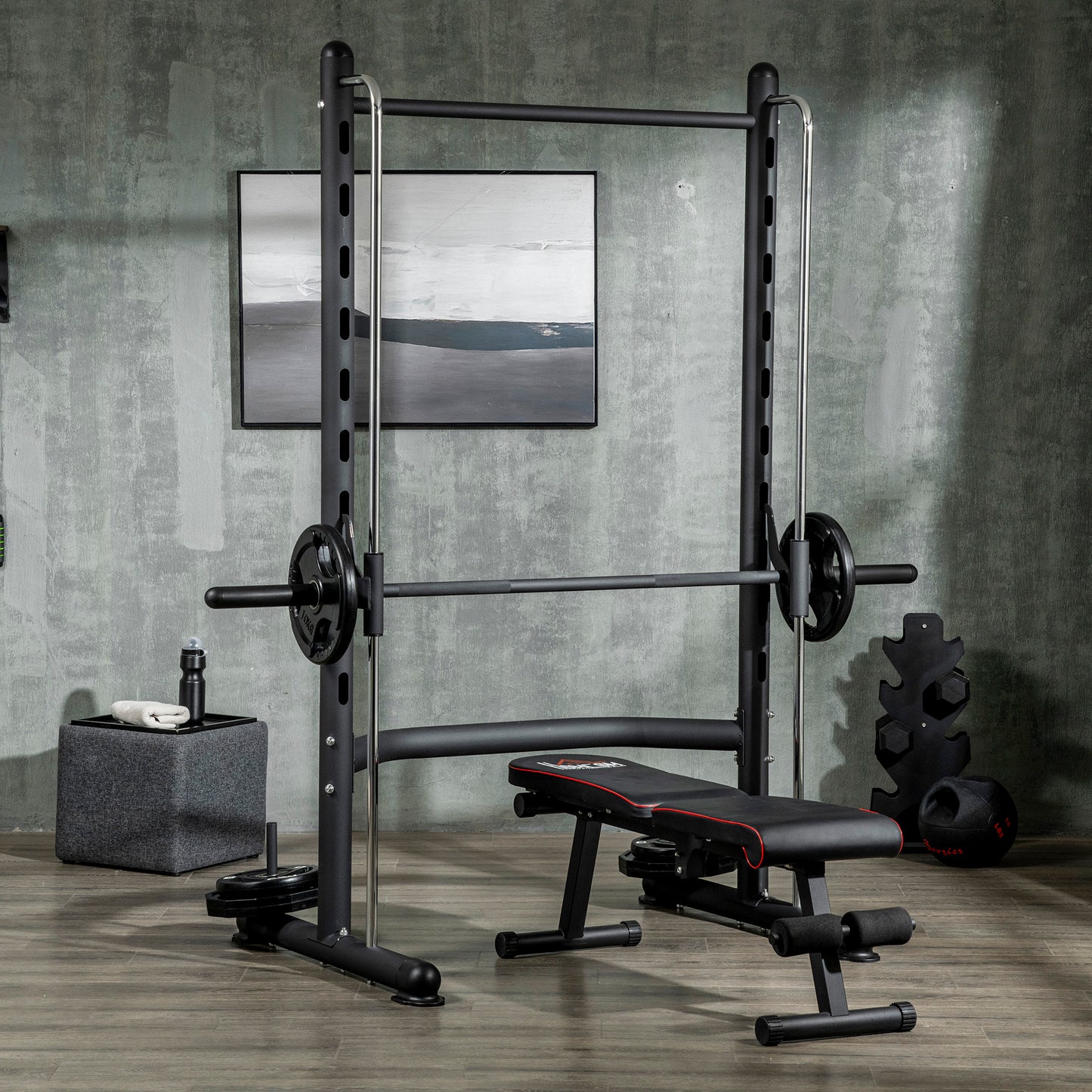 Adjustable Squat Rack with Pull Up Bar and Barbell Bar for Home Gym