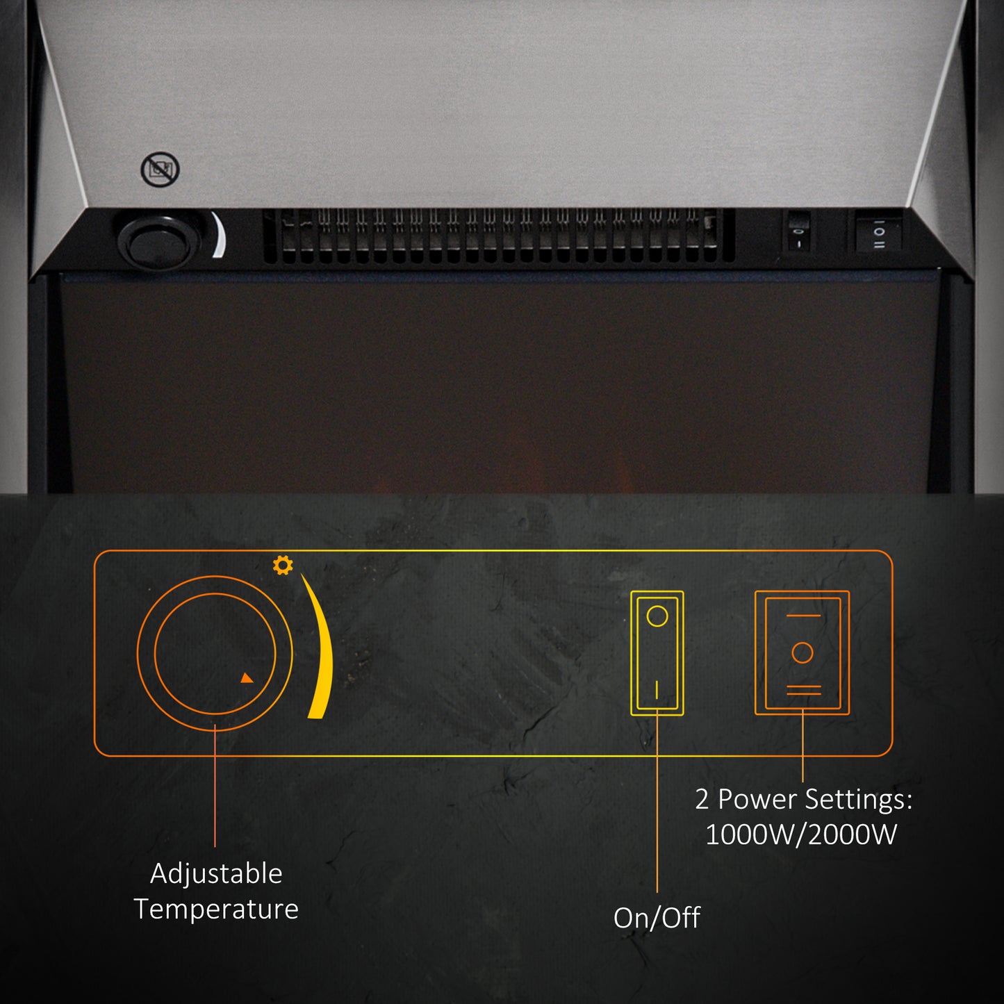 Electric Fireplace Stainless Steel 2KW Heater LED Fire Flame Silver