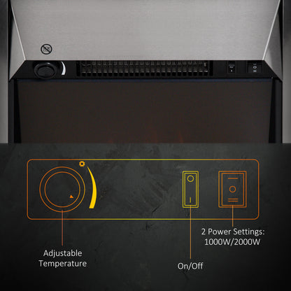 Electric Fireplace Stainless Steel 2KW Heater LED Fire Flame Silver
