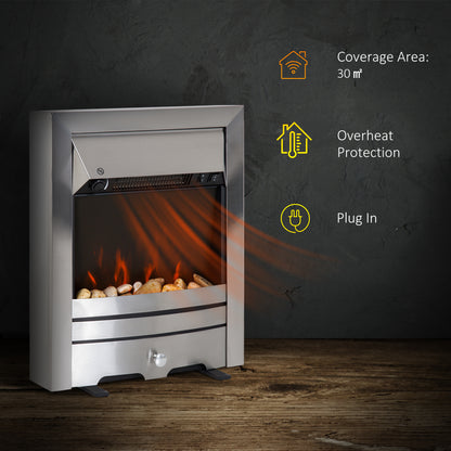 Electric Fireplace Stainless Steel 2KW Heater LED Fire Flame Silver
