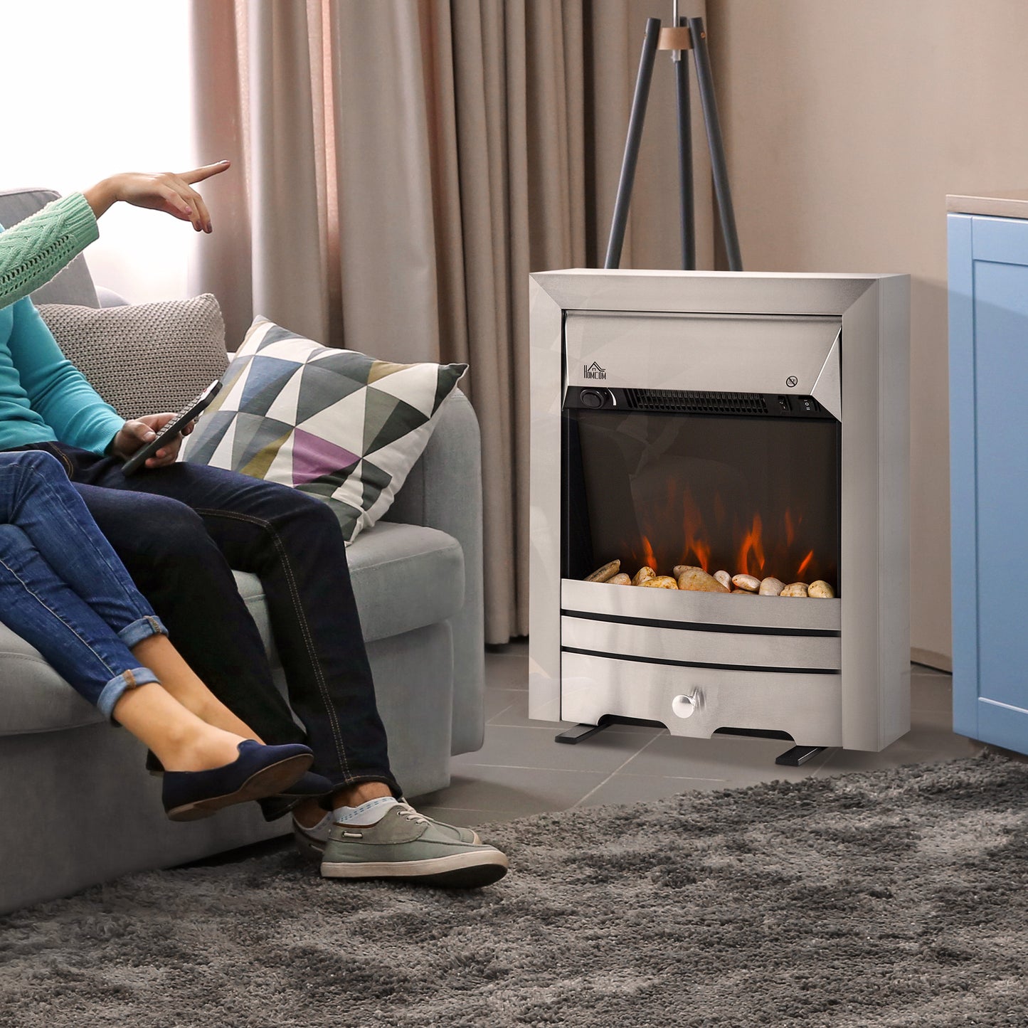 Electric Fireplace Stainless Steel 2KW Heater LED Fire Flame Silver