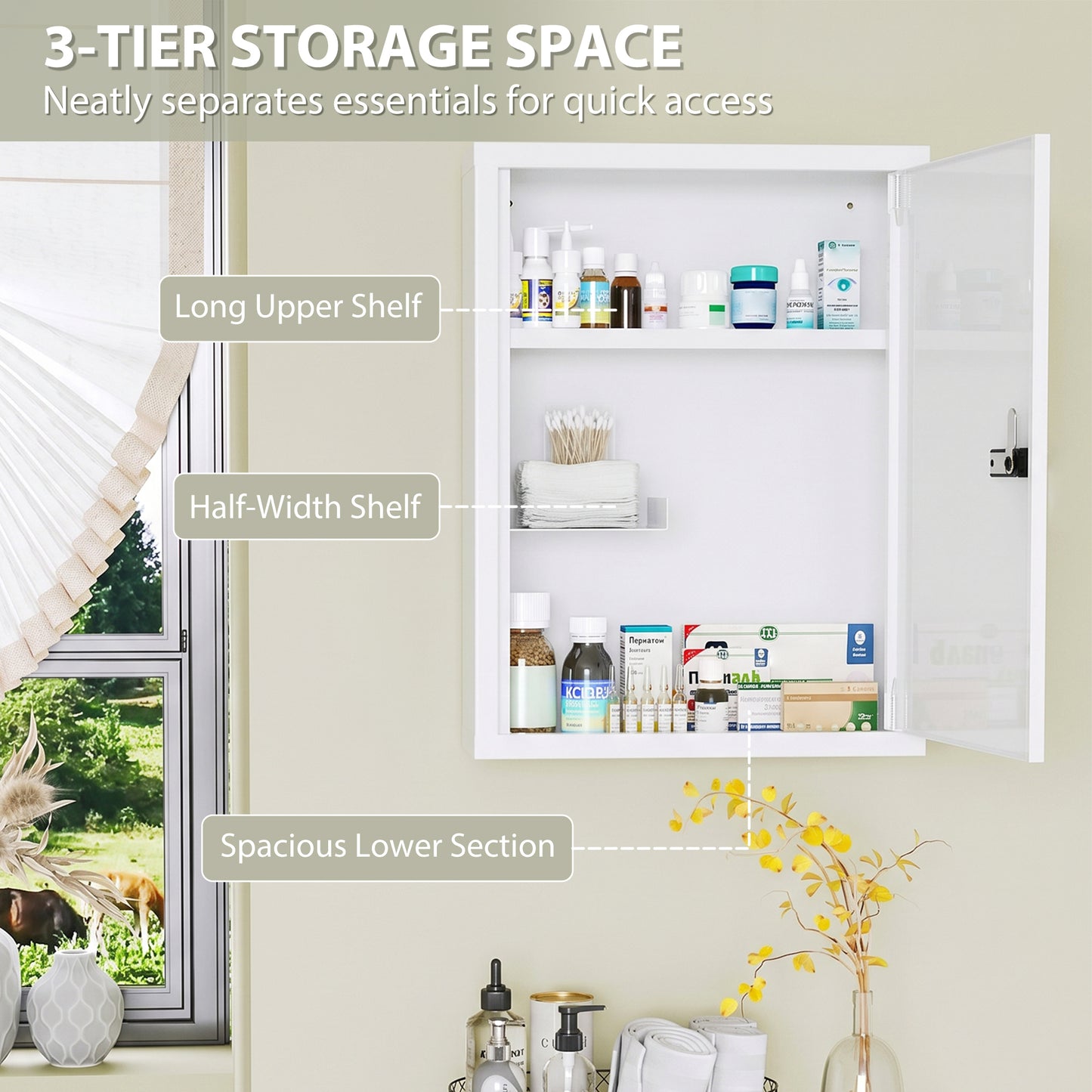 Wall Mount Medicine Cabinet with Combination Lock, White