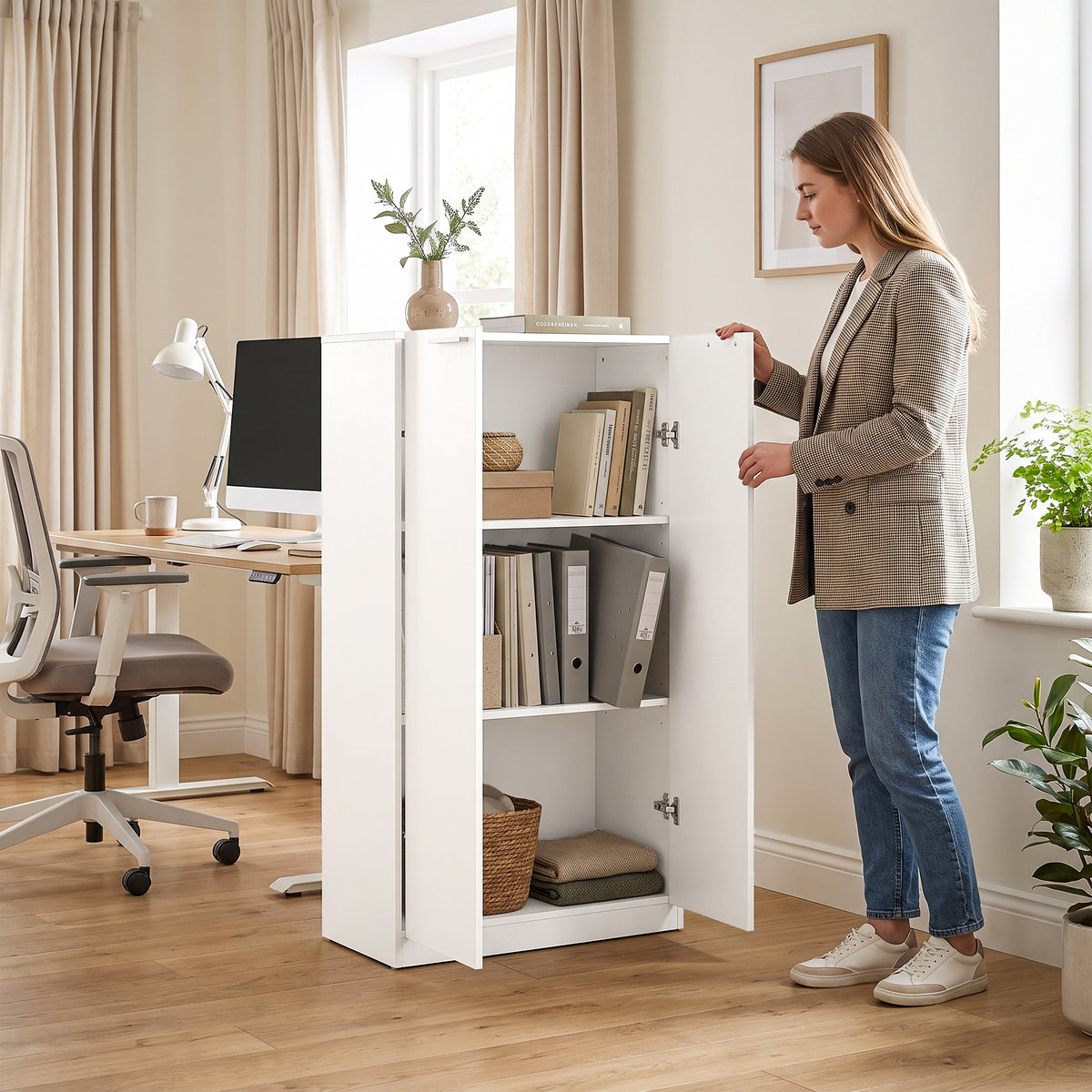 3-Tier Wooden Storage Cabinet Cupboard Soft Close 120 cm Tall White