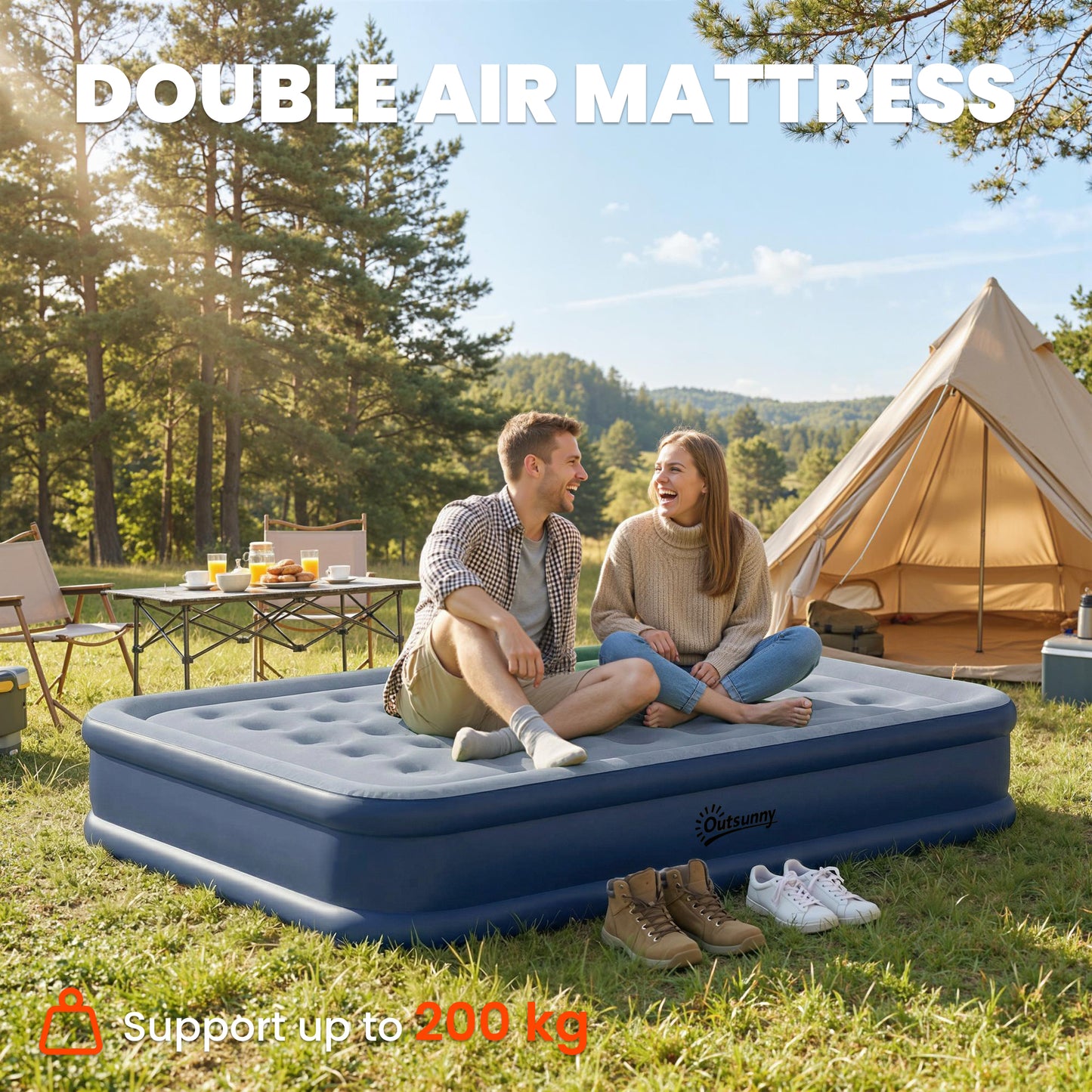 Inflatable Mattress, Double Air Bed with Built-in Pump, Grey