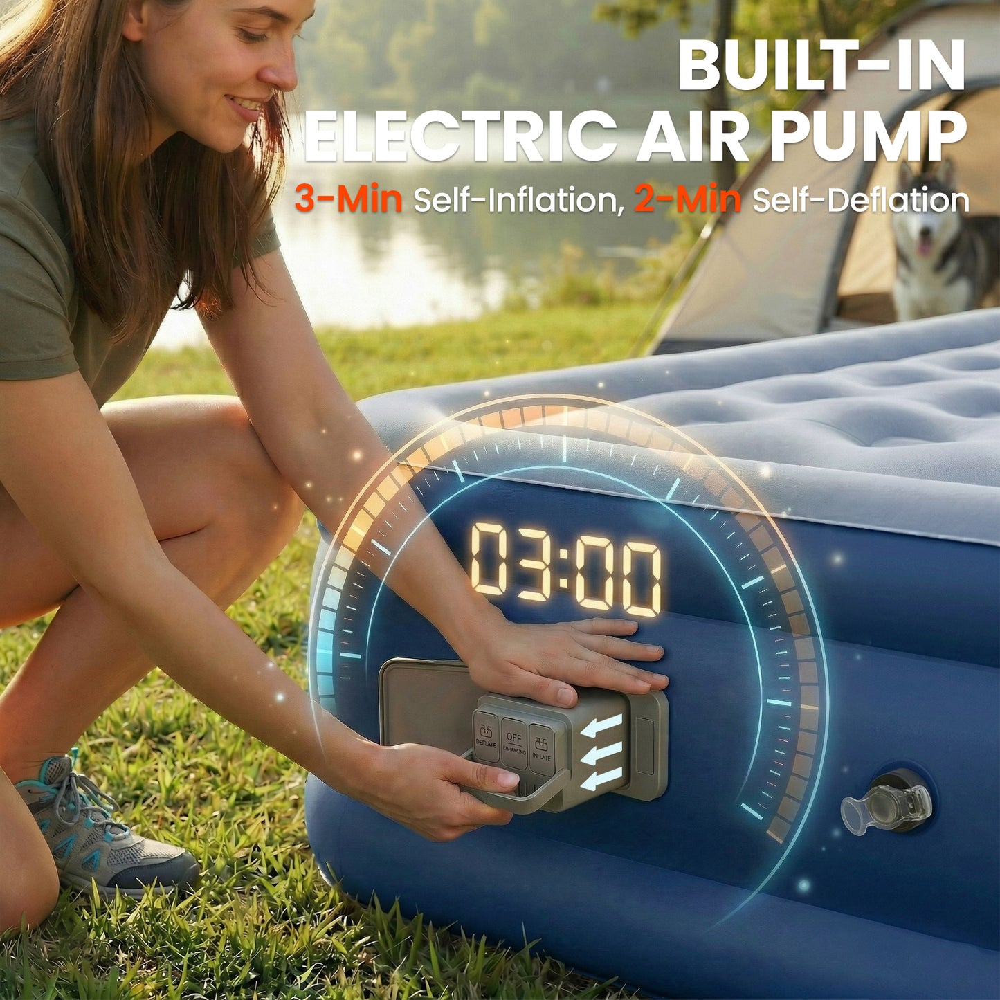 Inflatable Mattress, Double Air Bed with Built-in Pump, Grey