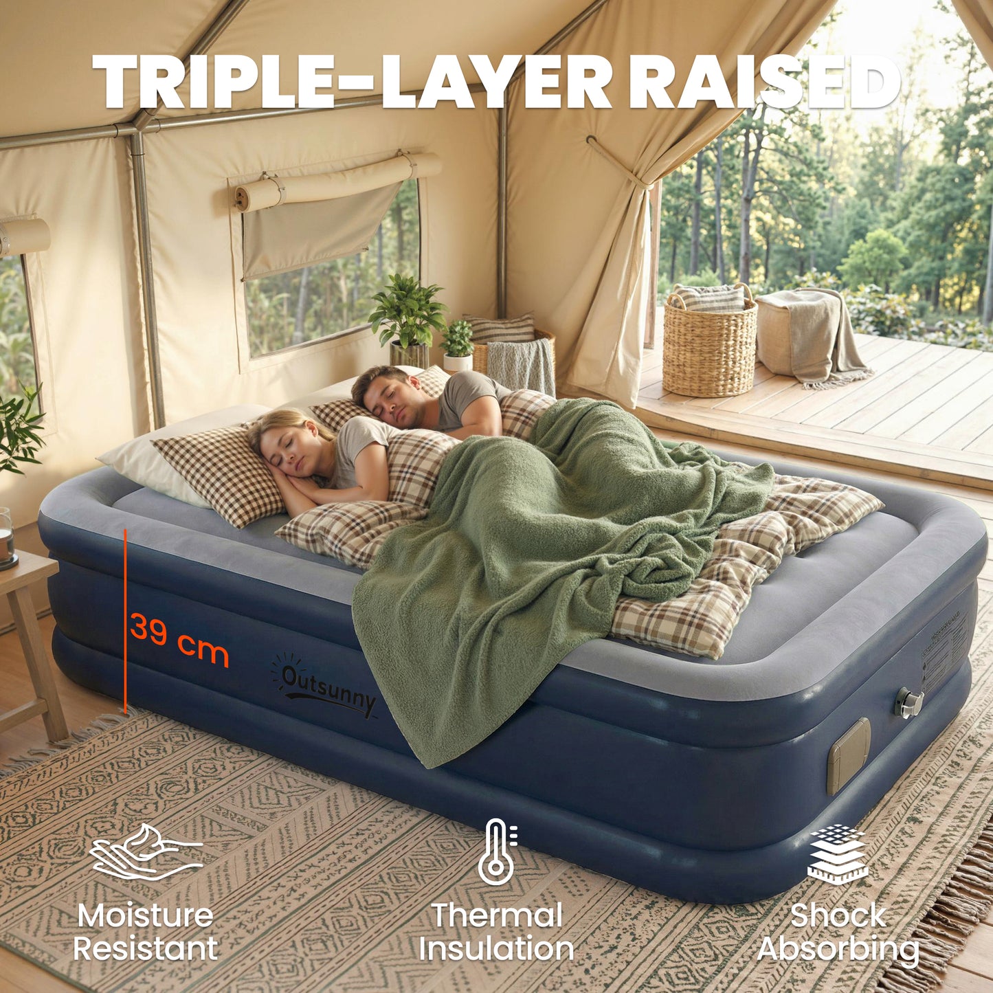 Inflatable Mattress, Double Air Bed with Built-in Pump, Grey