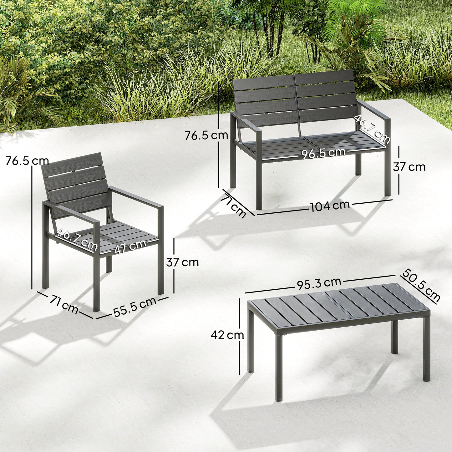 4 Piece Garden Furniture Set, HDPE Metal Outdoor Sofa, Dark Grey