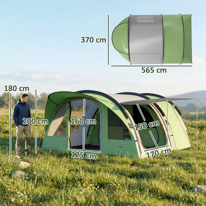 4 Person Easy Setup Family Camping Tent with 2 Rooms, Waterproof Tunnel Tent w/ Sewn In Groundsheet, Doors, Windows, Storage Pockets and Carrying Bag, Green & Grey