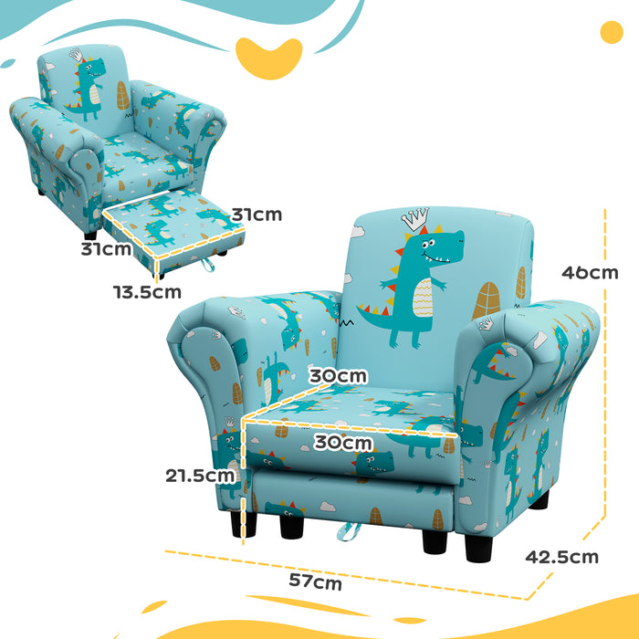 2 Piece Kids Sofa Set with Dinosaur Design, for Nursery, Blue