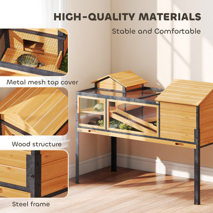 Tortoise House with 2 Rooms, Wooden Reptile Enclosure Habitat with Clear Windows, Ramps, Openable Top, Built-in Tray, with Stand Legs for Indoor Use, Yellow
